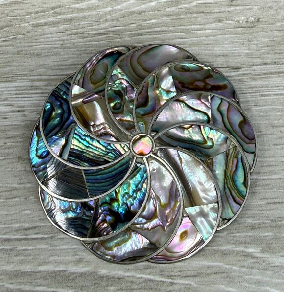 Unbranded Jewelry - Vintage Alpaca Mexico Silver Inlaid Abalone Flower Brooch Pendant